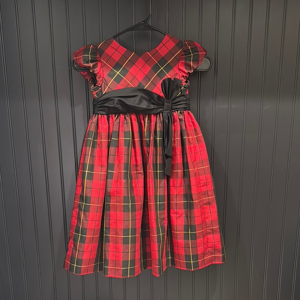 Ralph Lauren Red Formal Dress with Plaid Pattern and Puff Sleeves
